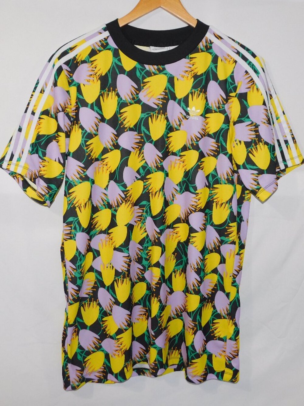 Adidas Originals Bellista Tee Shirt Dress Yellow Purple floral Tropical Womens M